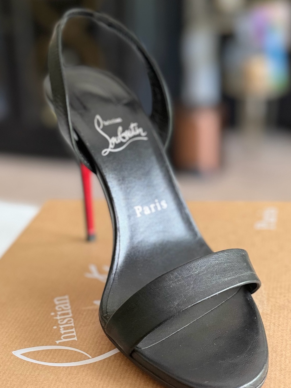 Christian Louboutin Black Leather Open-Toe Slingback Heels with Red Sole - Picture 3 of 10